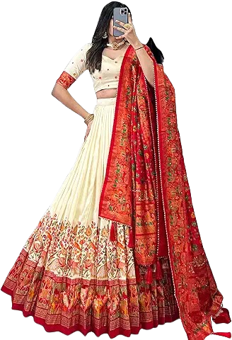Ivory Floral Border Lehenga Choli with Red Banarasi Dupatta