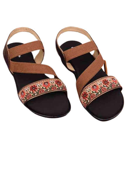 Brown Cross-Strap Embroidered Flat Sandals