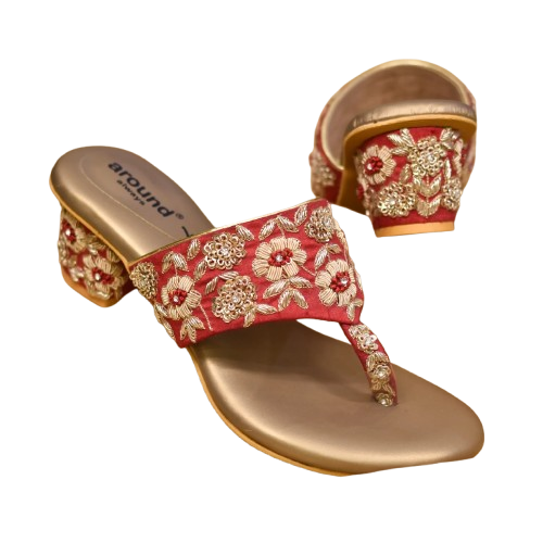 Red Embroidered Ethnic Block Heel Sandals