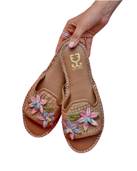 Handcrafted Beige Jute Flats with Multicolor Floral Embroidery