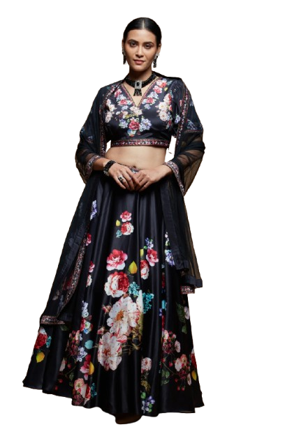 Black Satin Floral Printed Lehenga Choli with Dupatta