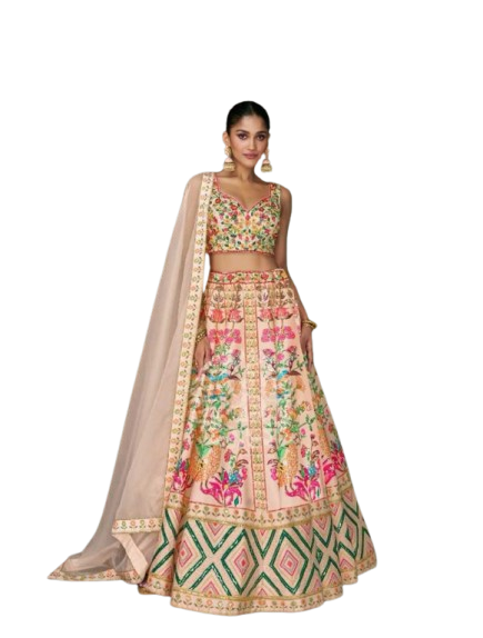 Floral Embroidered Silk Lehenga Choli with Contrasting Dupatta