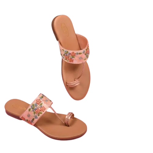 Peach Embroidered Toe-Ring Flat Sandals