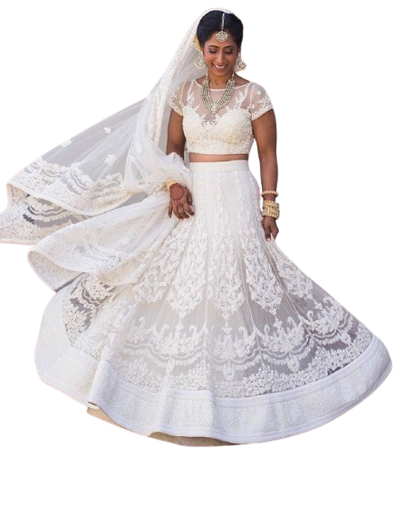 White Embroidered Bridal Lehenga with Net Dupatta